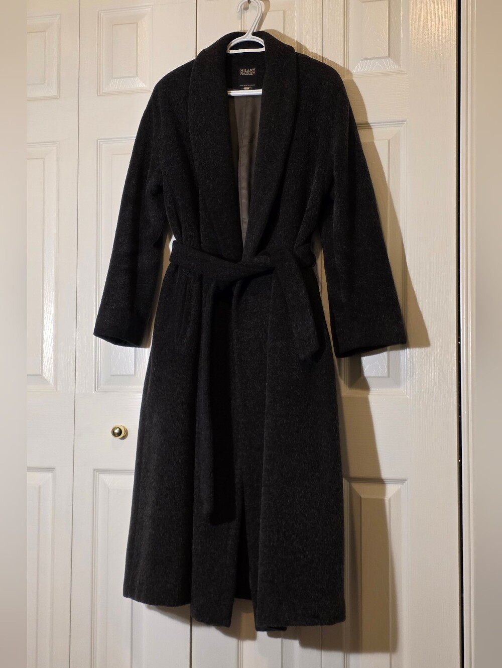 Hilary Radley Charcoal Wool Shawl-Collar Belted Robe Coat Size 8